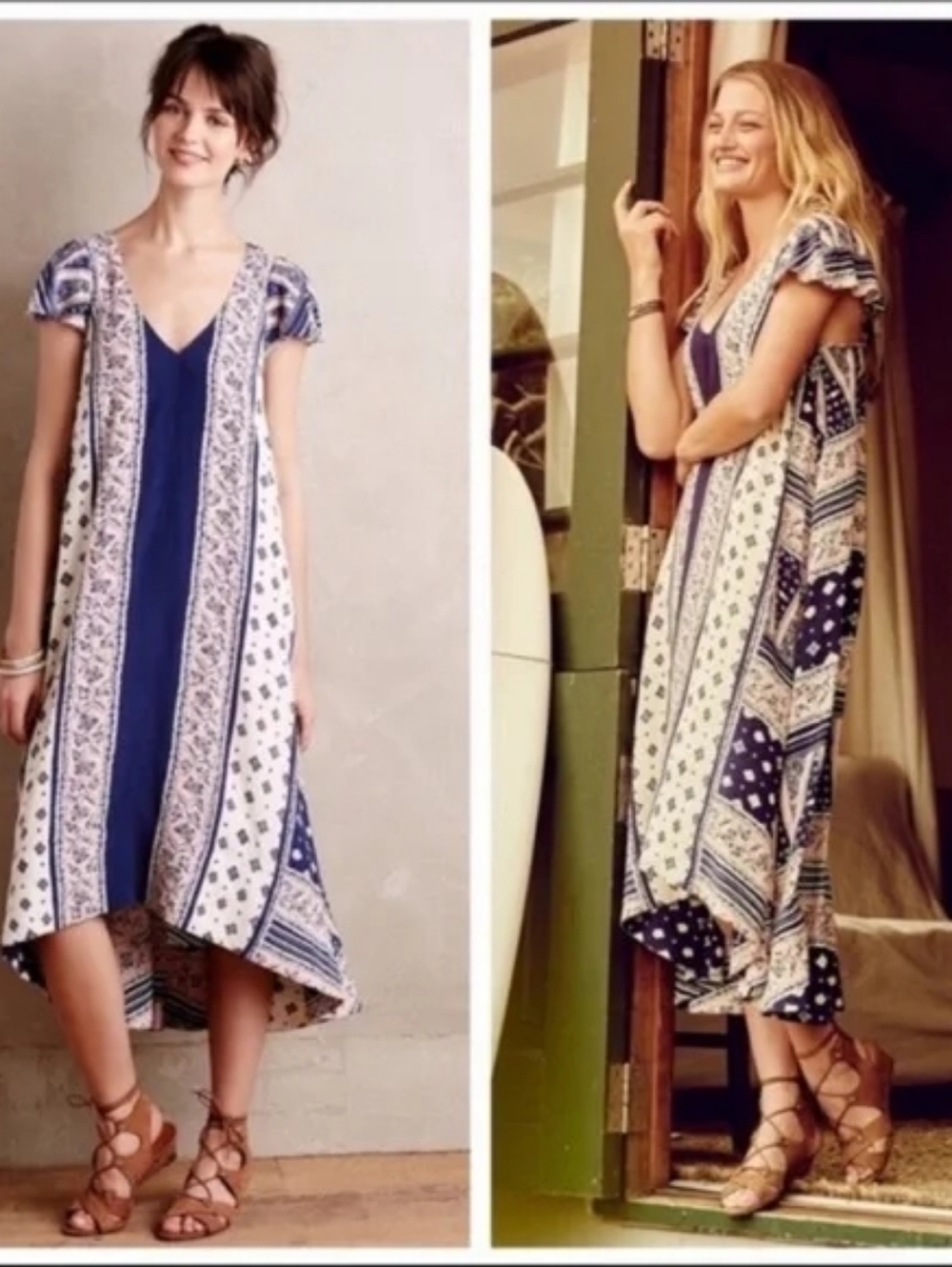 Anthropologie Maeve Summertide Mixed Print Maxi Dress Large Lace Hem Boho Swing